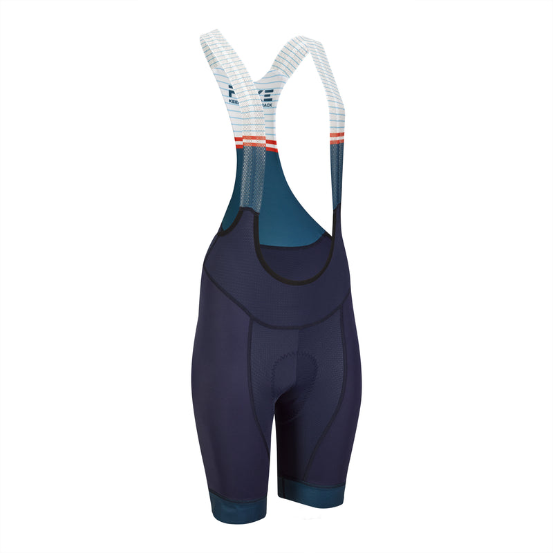 Boost Bib Short Woman - Frente de calções de ciclismo para mulher em azul-marinho, branco e red