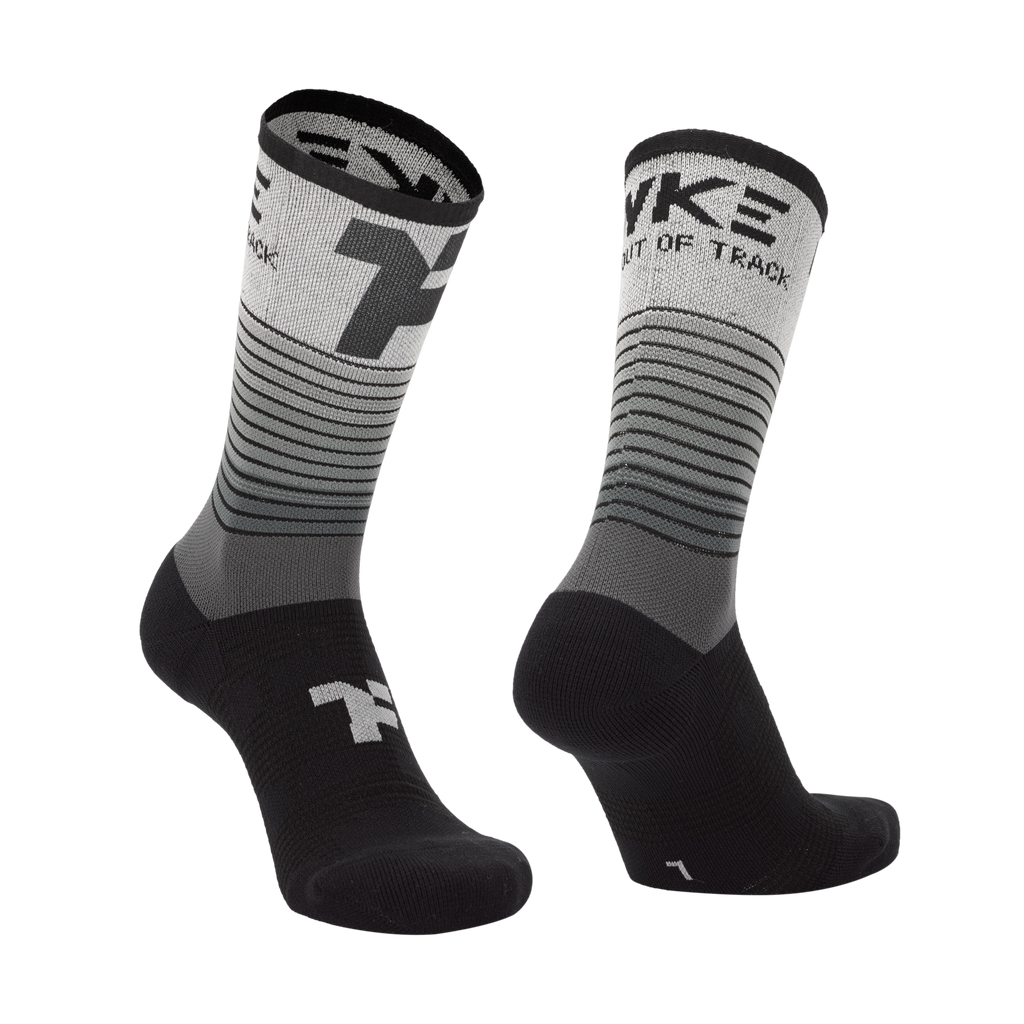 Mid socks in black gradient color with Fyke branding and left and right foot indication